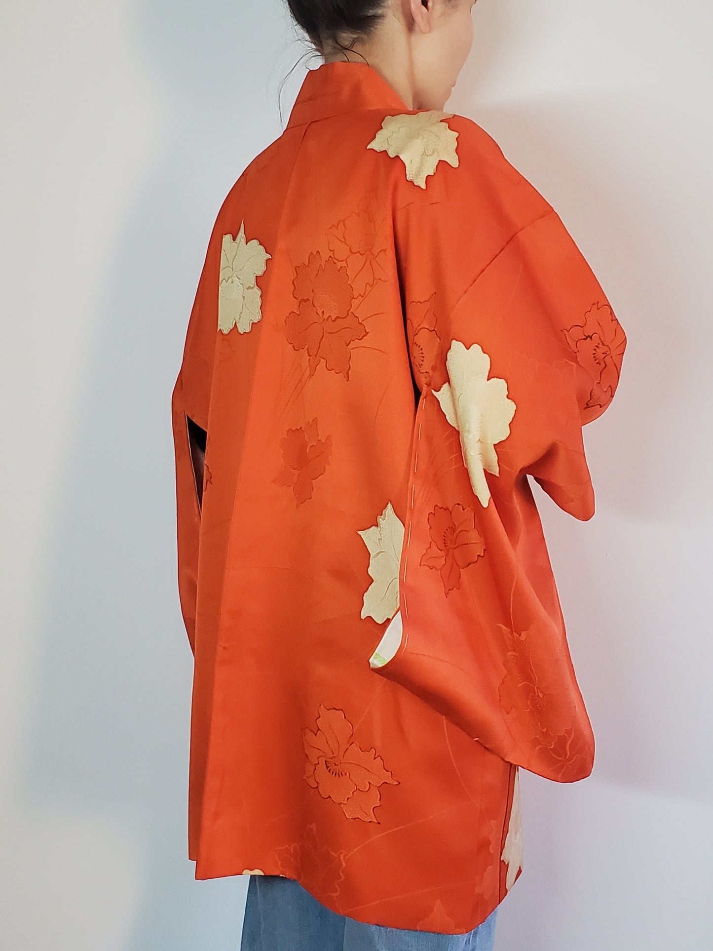 【Orange / Fleur】 Kimono haori vintage japonais, antique, veste hantenaire japonaise, robe robe, motif floral japonais, unisexe