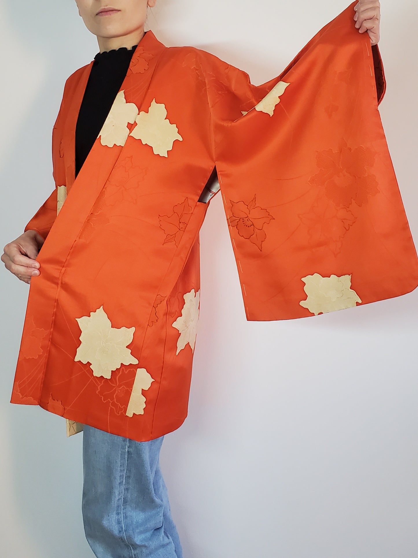 【Orange/ flower】Japanese Vintage Kimono Haori, antique,Japanese Hanten Jacket, Robe Dress, Japanese Floral pattern, Unisex