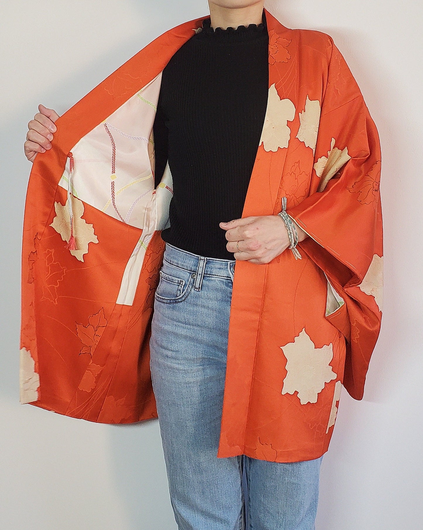 【Orange/ flower】Japanese Vintage Kimono Haori, antique,Japanese Hanten Jacket, Robe Dress, Japanese Floral pattern, Unisex