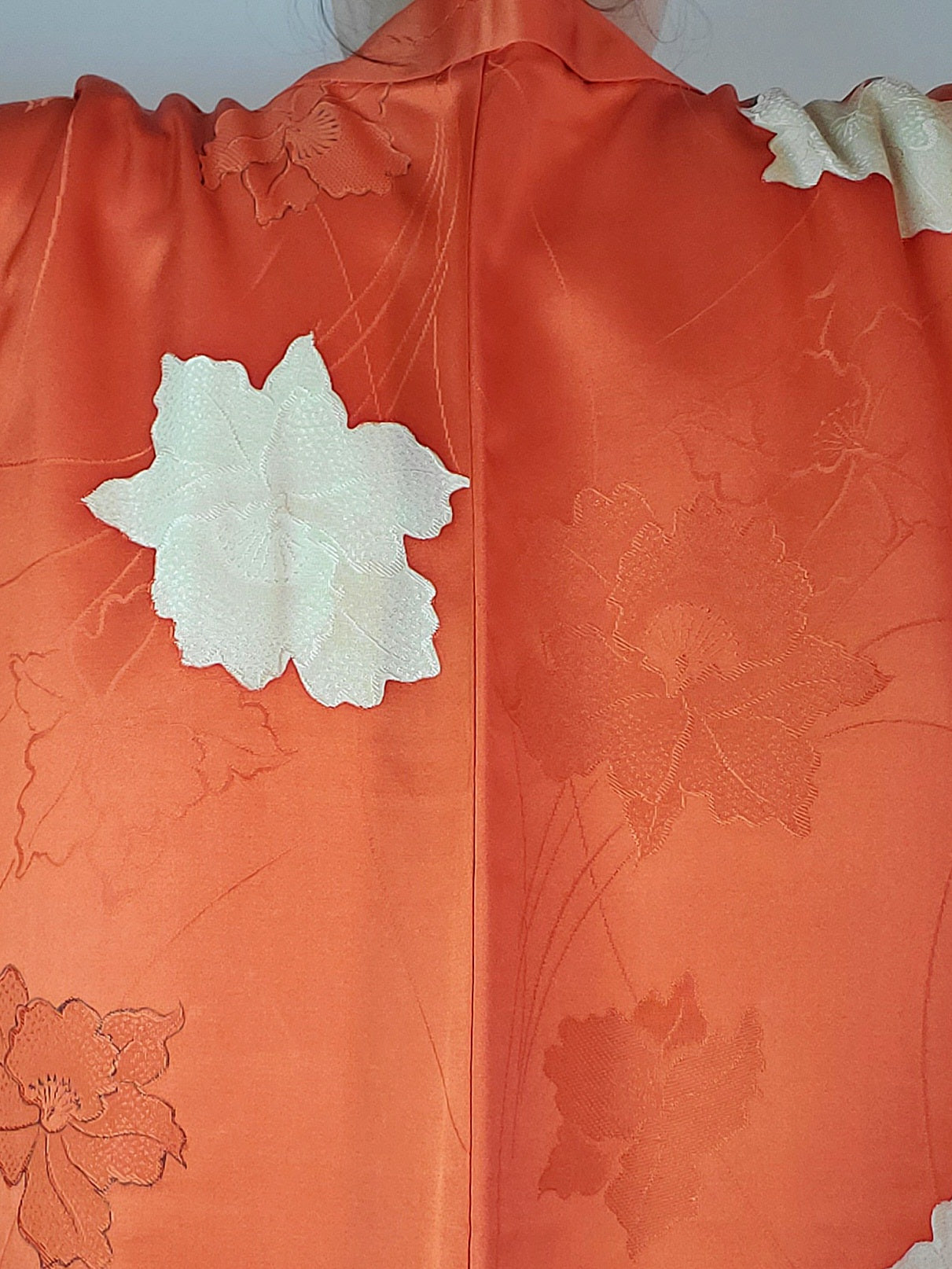 【Orange / Fleur】 Kimono haori vintage japonais, antique, veste hantenaire japonaise, robe robe, motif floral japonais, unisexe