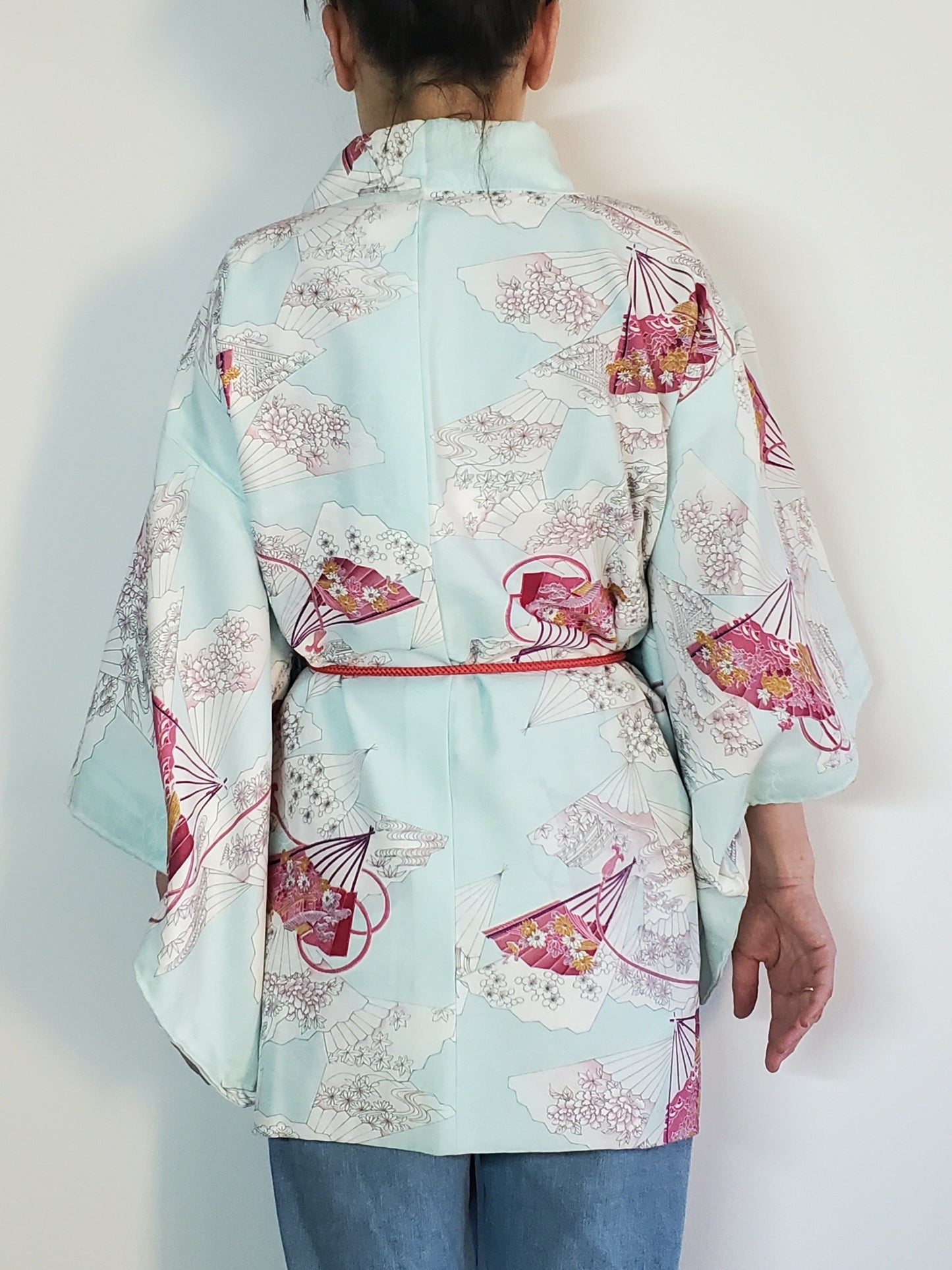 【Light blue/ Sensu】Japanese Vintage Kimono Haori, Japanese Hanten Jacket, Robe Dress, Japanese Floral pattern, Unisex