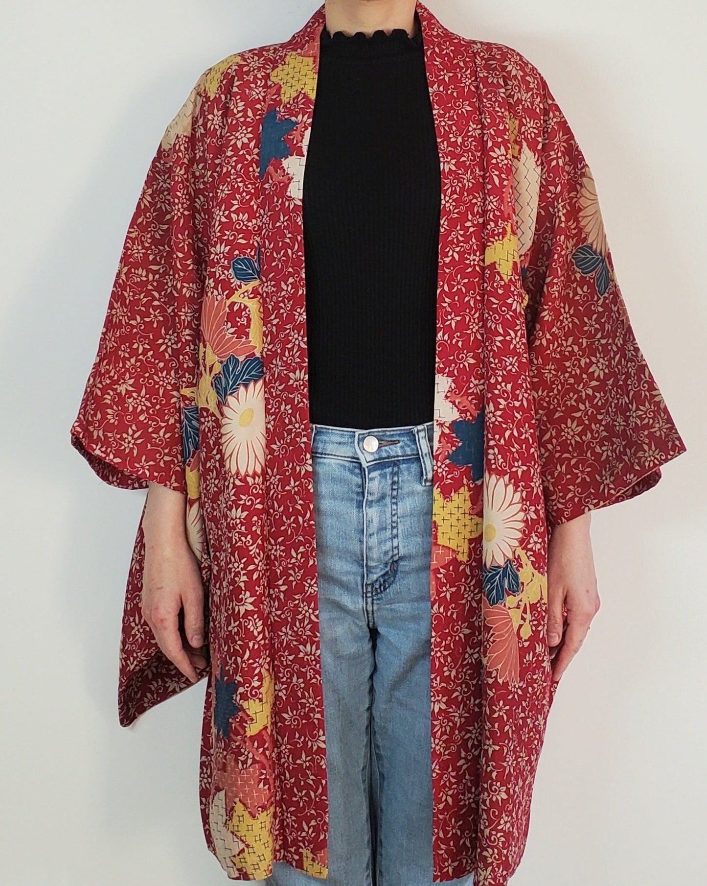 【Feuilles rouges / automnales】 Japonais vintage kimono haori, antique, veste hanten japonaise, robe robe, motif floral japonais, unisexe