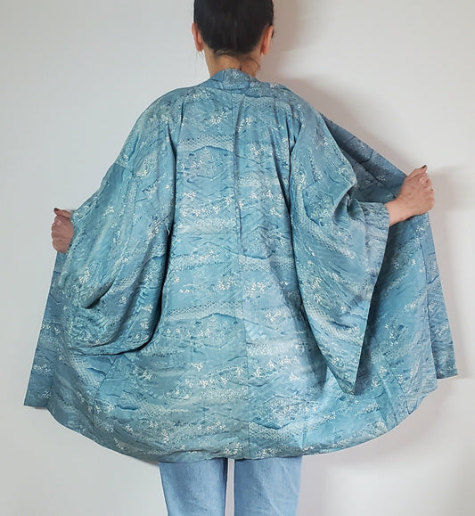 【Hellblau/Blume】 Japanischer Vintage Kimono Haori, Antike, japanische Hantenjacke, Robenkleid, japanisches Blumenmuster, Unisex