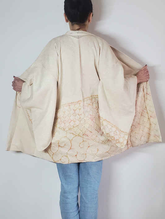 【Beige légère / shibori】 Japonais vintage kimono haori, veste hanten japonaise, robe robe, motif floral japonais, unisexe