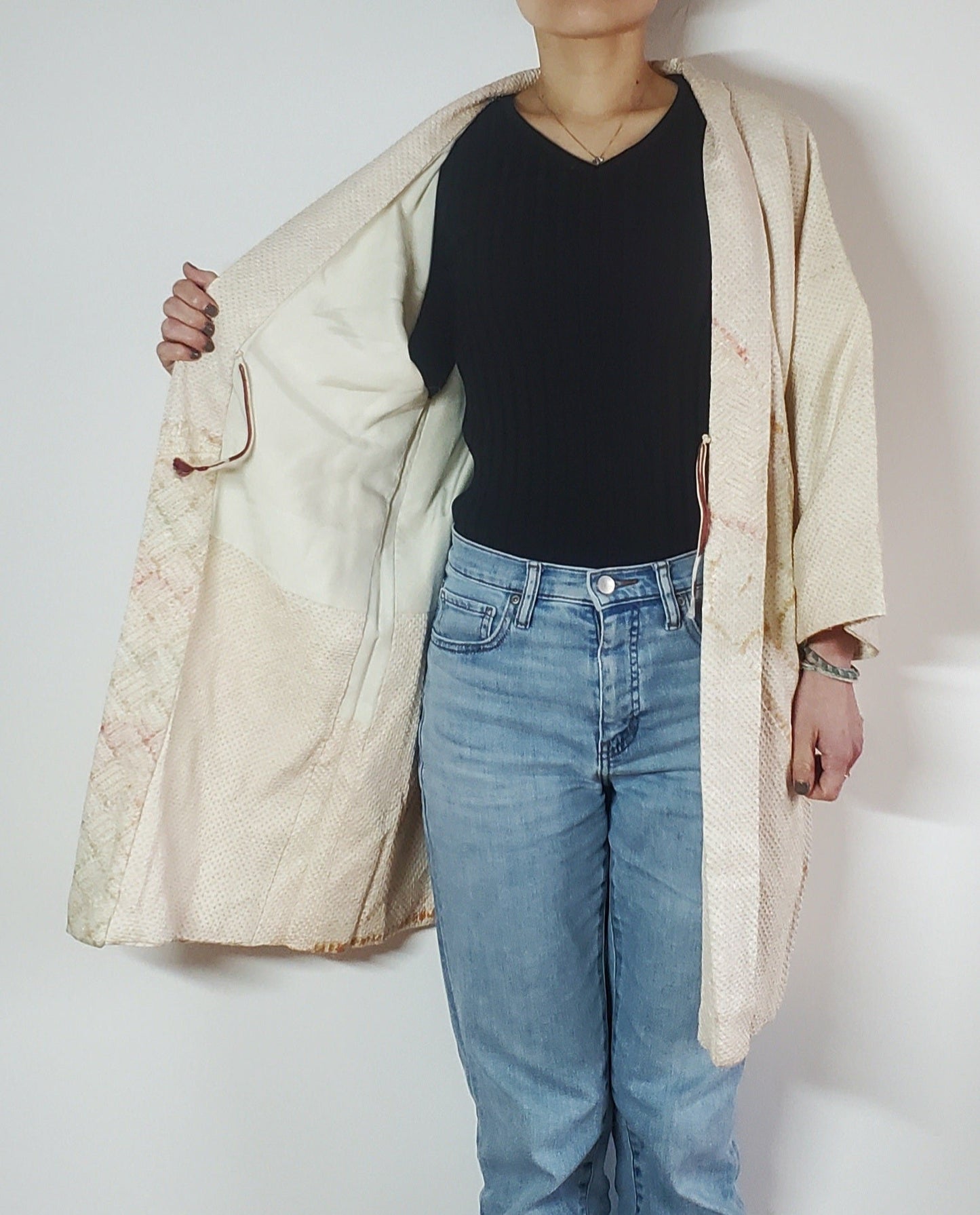 【light beige/ Shibori】Japanese Vintage Kimono Haori, Japanese Hanten Jacket, Robe Dress, Japanese Floral pattern, Unisex