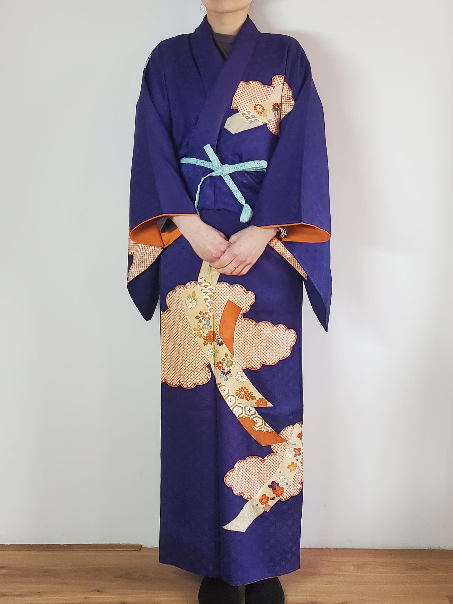 【Darknavy/Clouds and Noshime/ Original Easy kimono】Japanese Vintage Kimono Haori, Japanese Hanten Jacket, Robe Dress, Japanese Floral pattern, Unisex