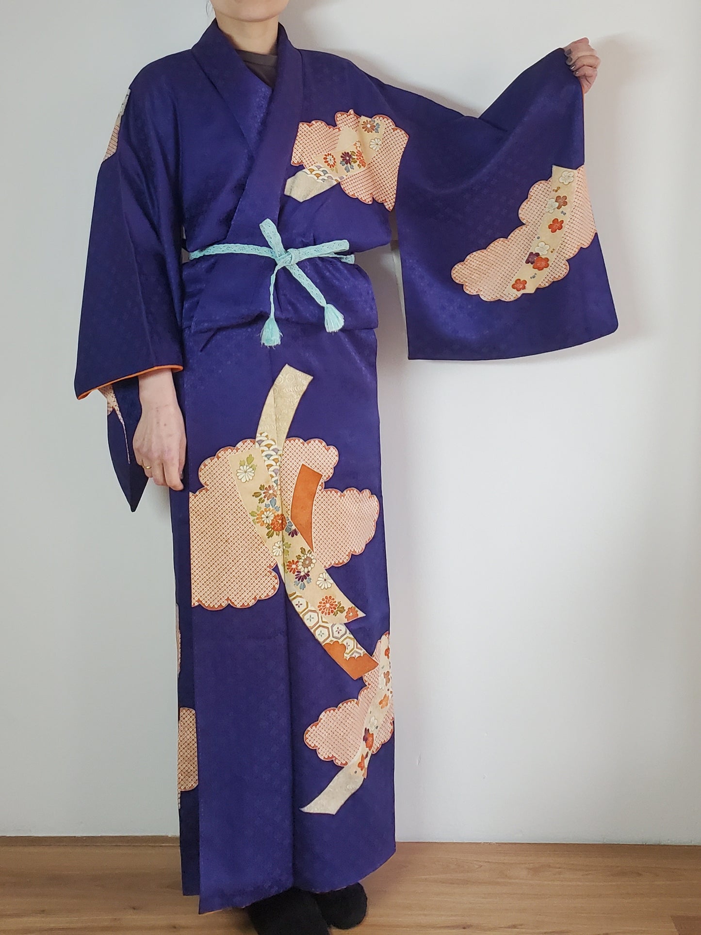 【Darknavy/Clouds and Noshime/ Original Easy kimono】Japanese Vintage Kimono Haori, Japanese Hanten Jacket, Robe Dress, Japanese Floral pattern, Unisex