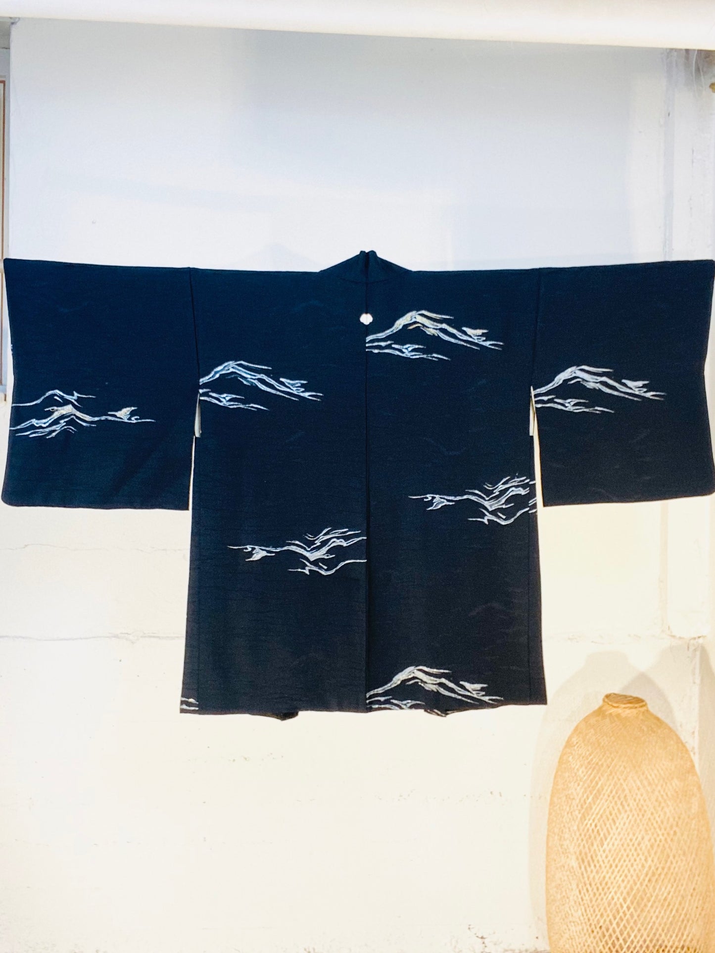 Vintage Black Haori -Unique ground pattern Black×Silver Fuji mountains-