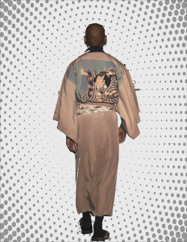 【Beige Brown/ Kabuki】 Mens Jyuban, Japanse vintage Kimono Haori, Japanse HANTEN JAAD, ROWNESS, Japans bloemenpatroon, unisex