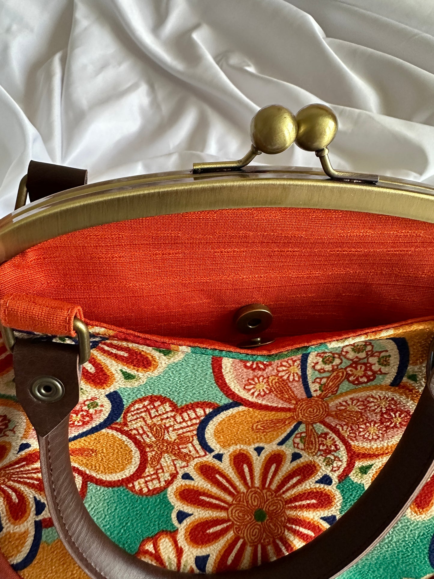 【Orange / Fleurs】 Gamaguchi-en / Handbag, embrayage, pochette, sac japonais, sac d'écoute, cadeaux japonais