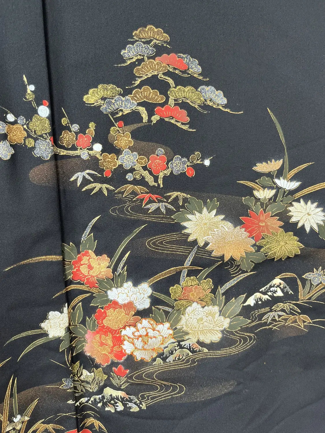 Vintage Black Haori - Flowers Blooming by the Water -