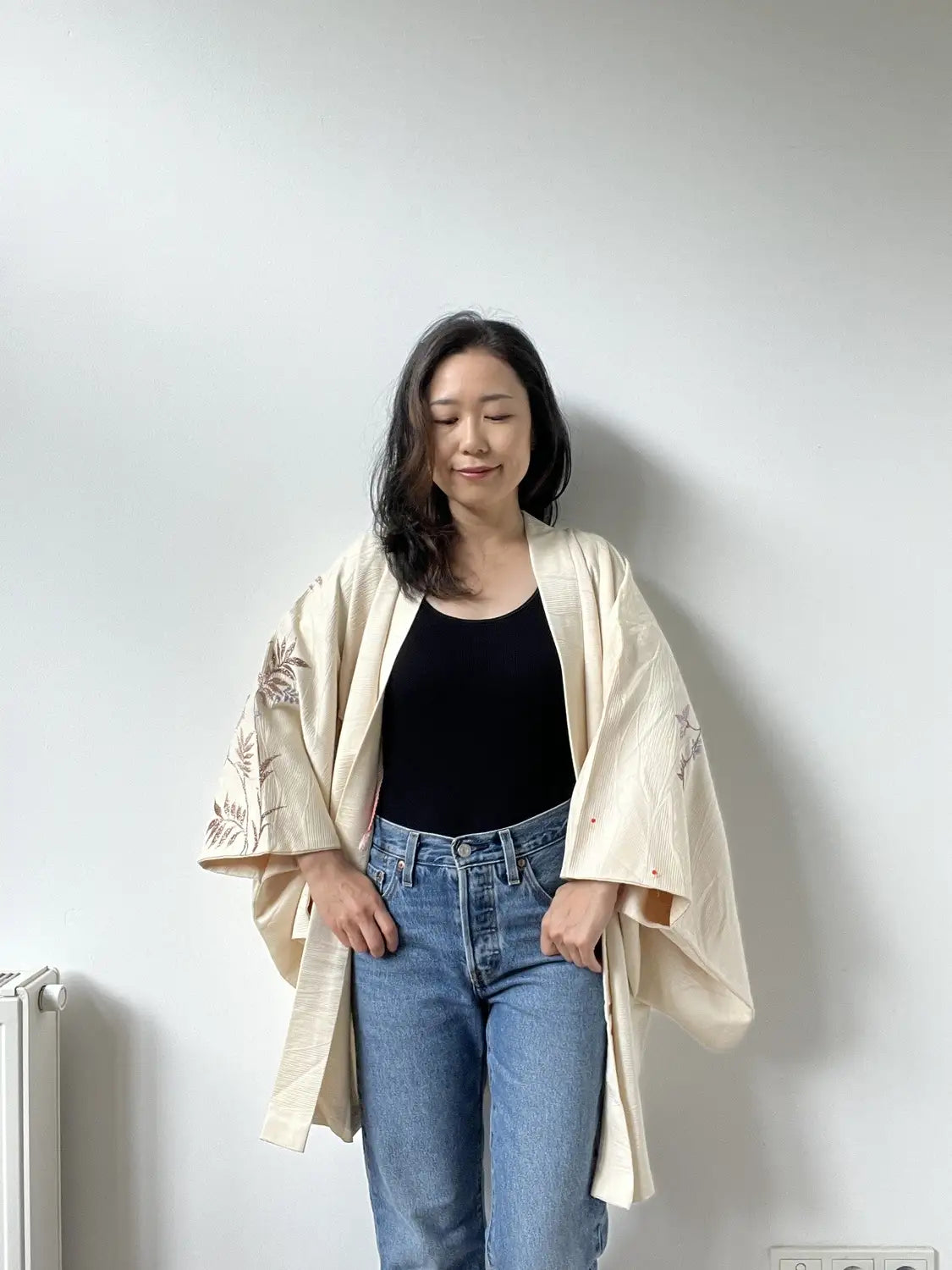 Vintage kleur Haori - Witte tak in bloei-