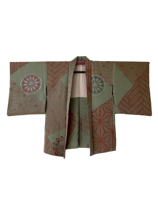 Vintage Color Haori -  Matcha green and azuki red with oriental motifs -