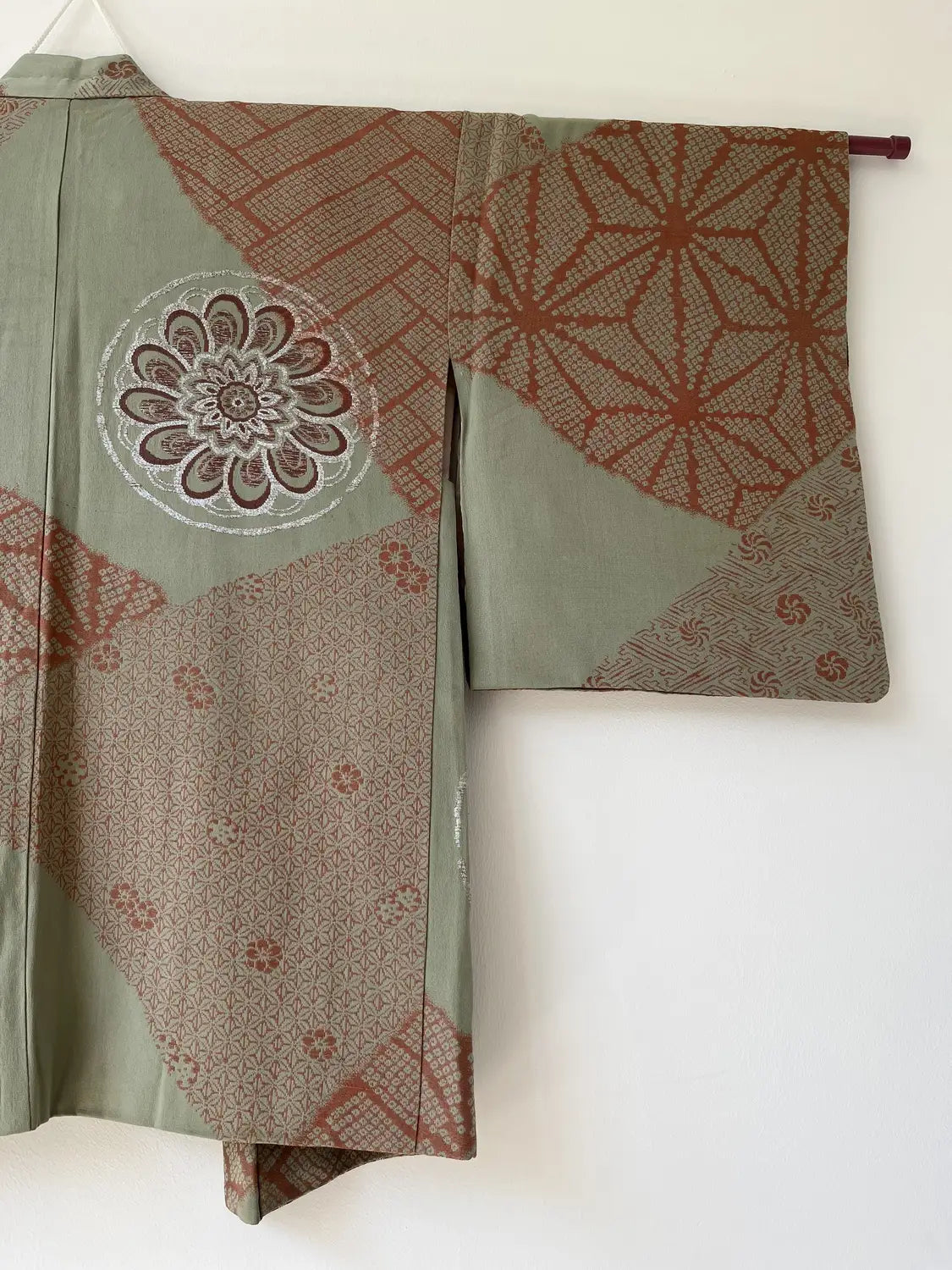 Vintage Color Haori -  Matcha green and azuki red with oriental motifs -