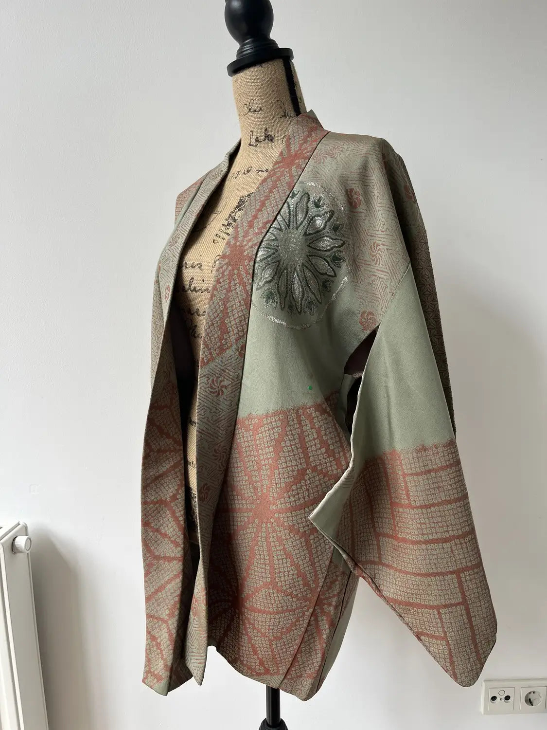 Vintage Color Haori -  Matcha green and azuki red with oriental motifs -