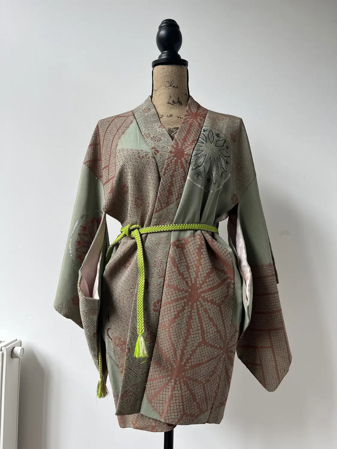 Vintage Color Haori -  Matcha green and azuki red with oriental motifs -
