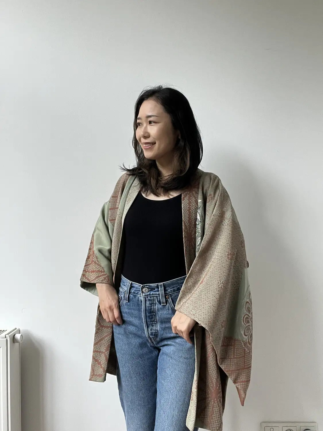 Vintage Color Haori -  Matcha green and azuki red with oriental motifs -