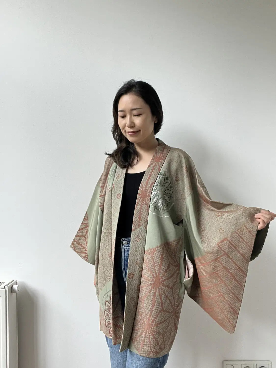 Vintage Color Haori -  Matcha green and azuki red with oriental motifs -