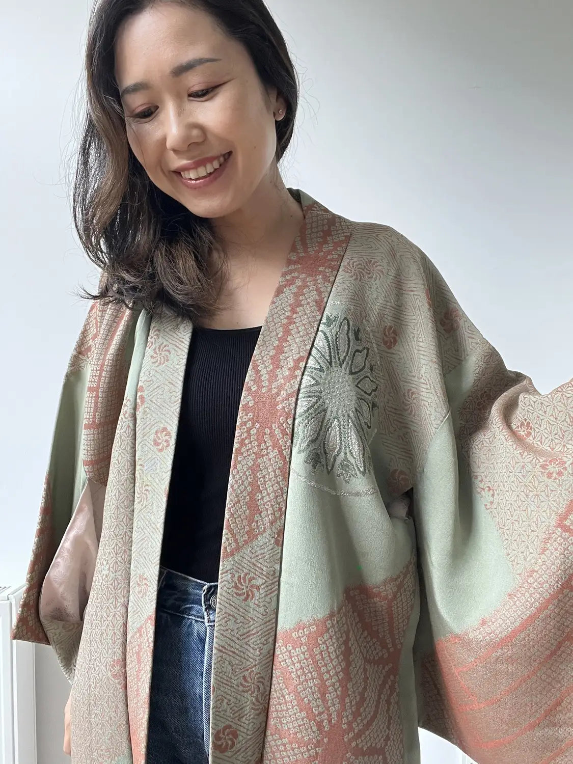 Vintage Color Haori -  Matcha green and azuki red with oriental motifs -