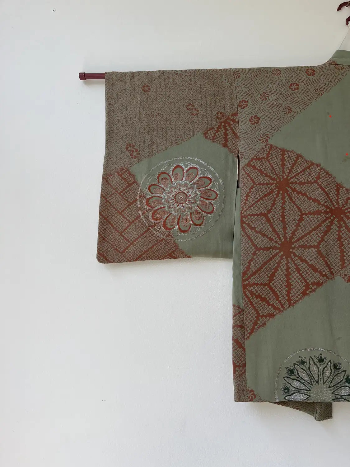 Vintage Color Haori -  Matcha green and azuki red with oriental motifs -