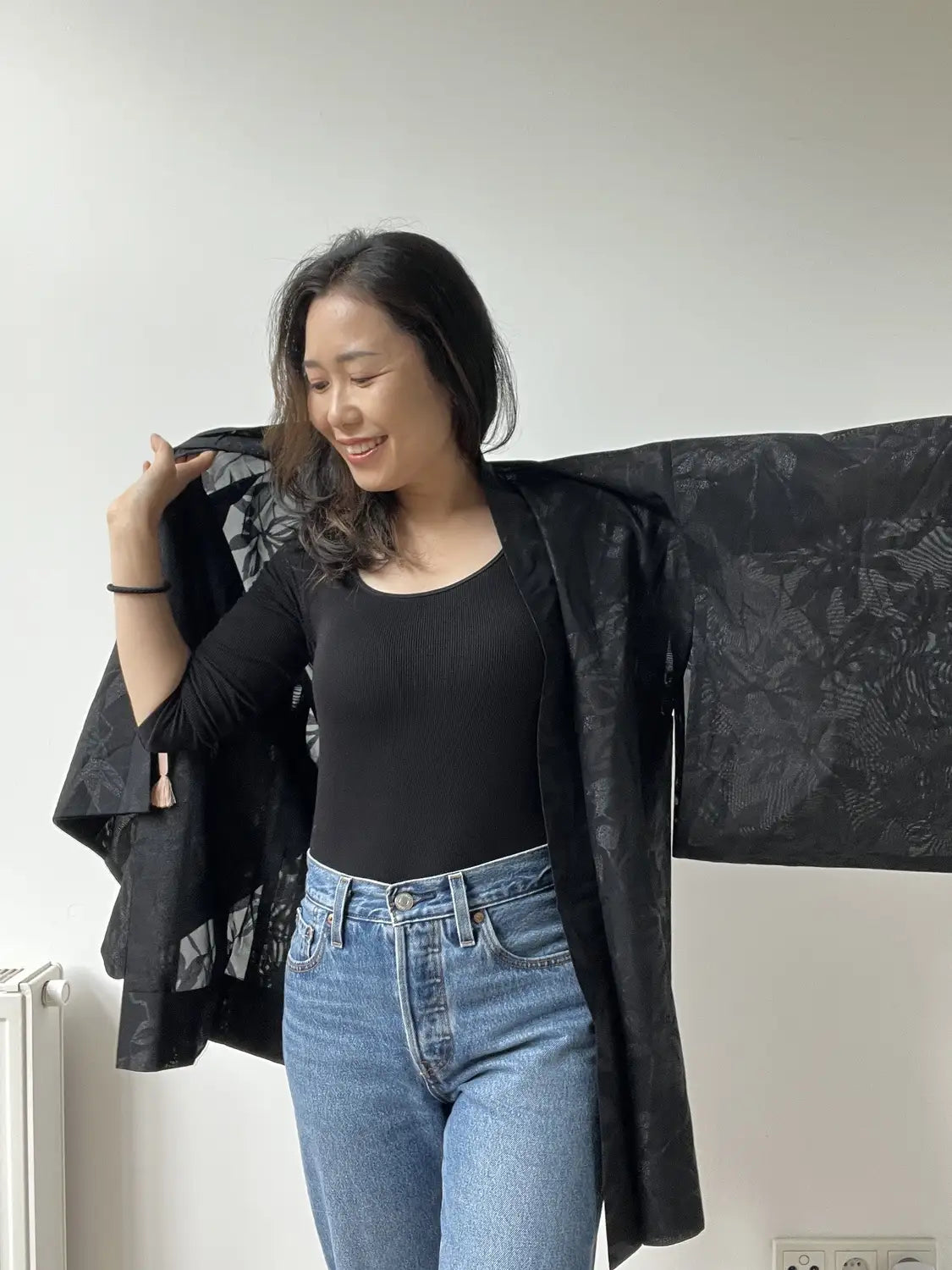 Vintage sheer haori - Black Leaf motif -