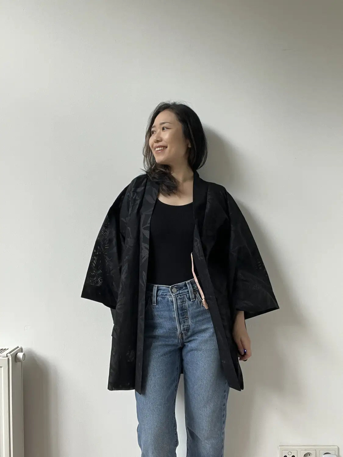 Vintage sheer haori - Black Leaf motif -