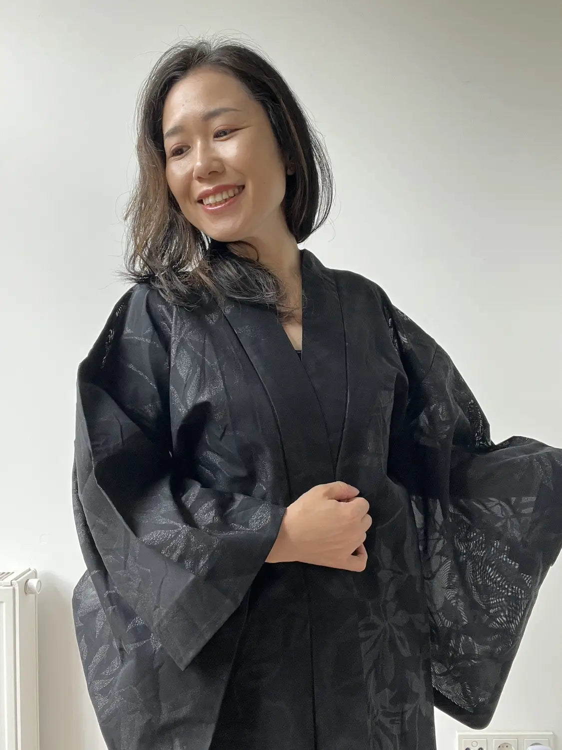 Vintage sheer haori - Black Leaf motif -