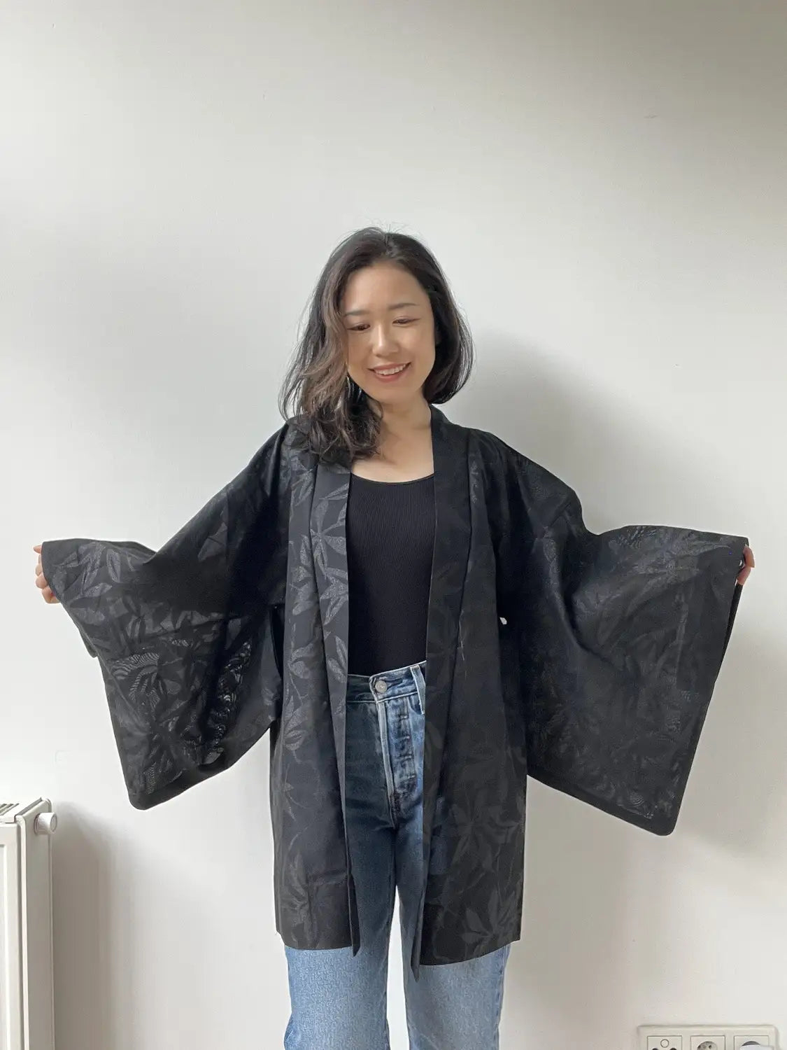 Vintage sheer haori - Black Leaf motif -