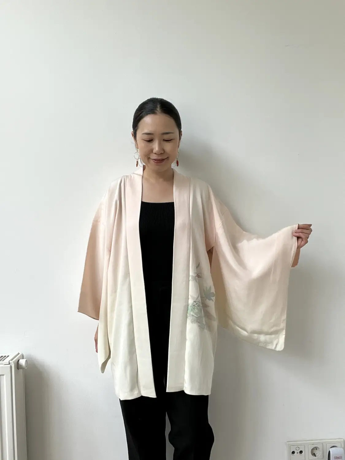 Vintage Color Haori -  White a maple tree in embroidery -