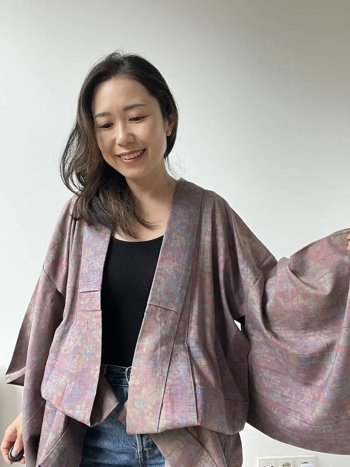 Vintage Tsumugi-Kimono – Blumen wie ein Ölgemälde – Halleluja original arrangiert
