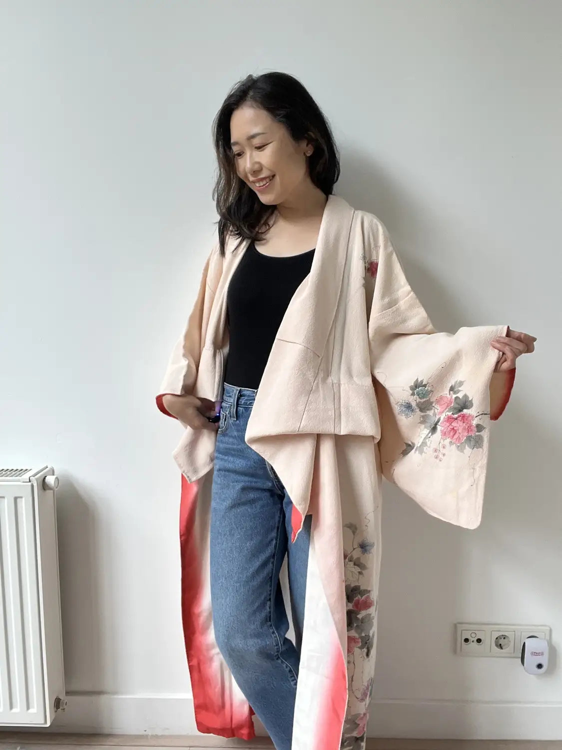 Vintage  homongi kimono - Pinkwhite  Hand-painted bouquet - Hallelujah original arrange