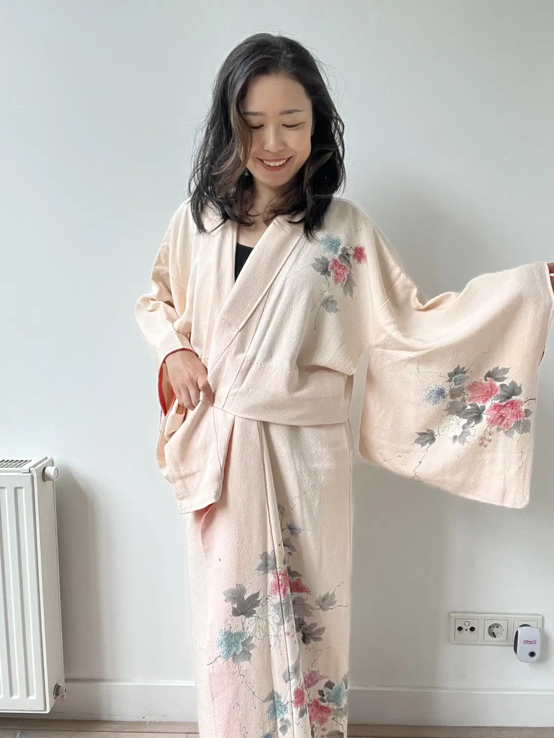 Vintage  homongi kimono - Pinkwhite  Hand-painted bouquet - Hallelujah original arrange