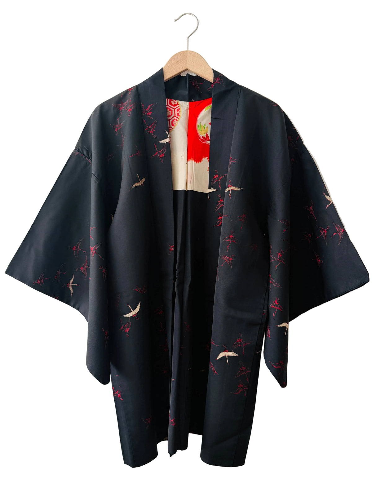 Vintage Black Haori - Red and White Cranes -