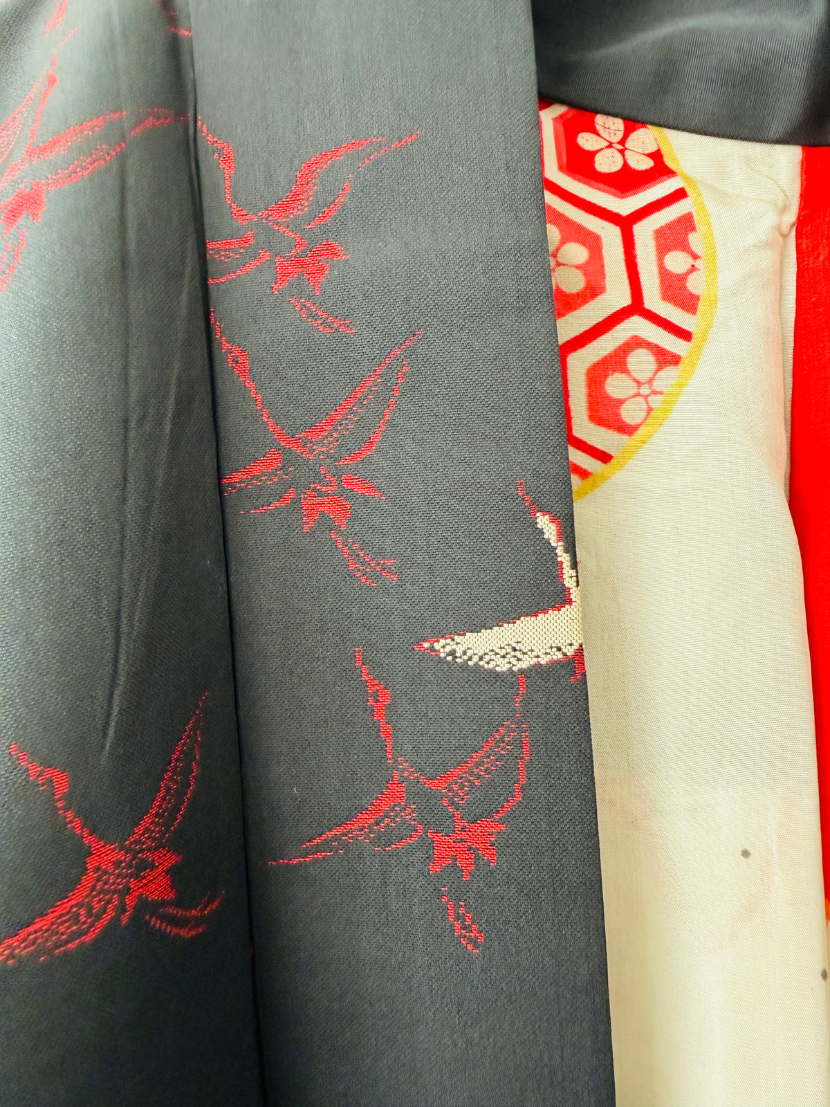 Vintage Black Haori - Red and White Cranes -