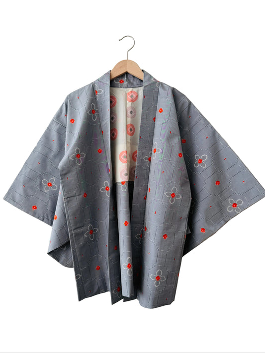 Vintage color Haori - Flowers and Japanese Umbrellas Tsumugi -