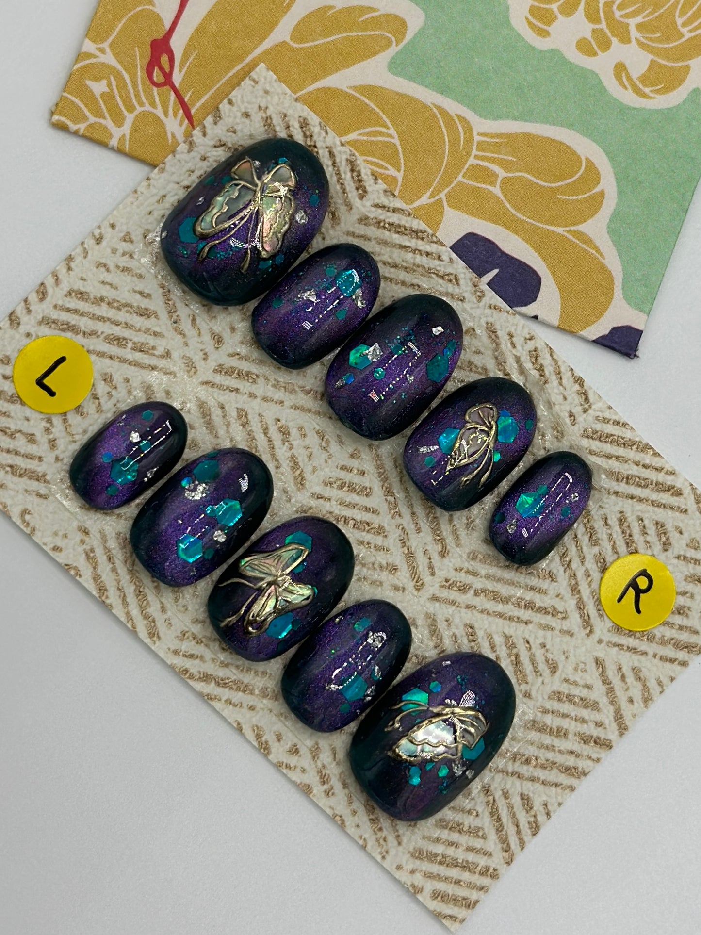 【Glossy navy,Butterfly in the night】Size:S（Japanese Pattern Nail Tips）Handmade Reusable Press On Nails,Gel nails,Glue On Nails,Japanese Gifts
