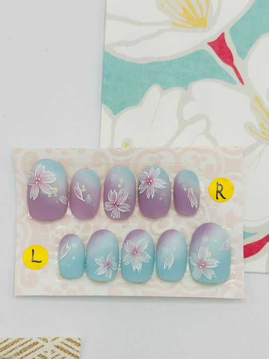 【Leichte lila, Kirschblüte】 Größe: M （Japanische Muster -Nagel -Spitzen） handgefertigte wiederverwendbare Presse auf Nägeln, Gelnägel, Kleber auf Nägeln, japanische Geschenke