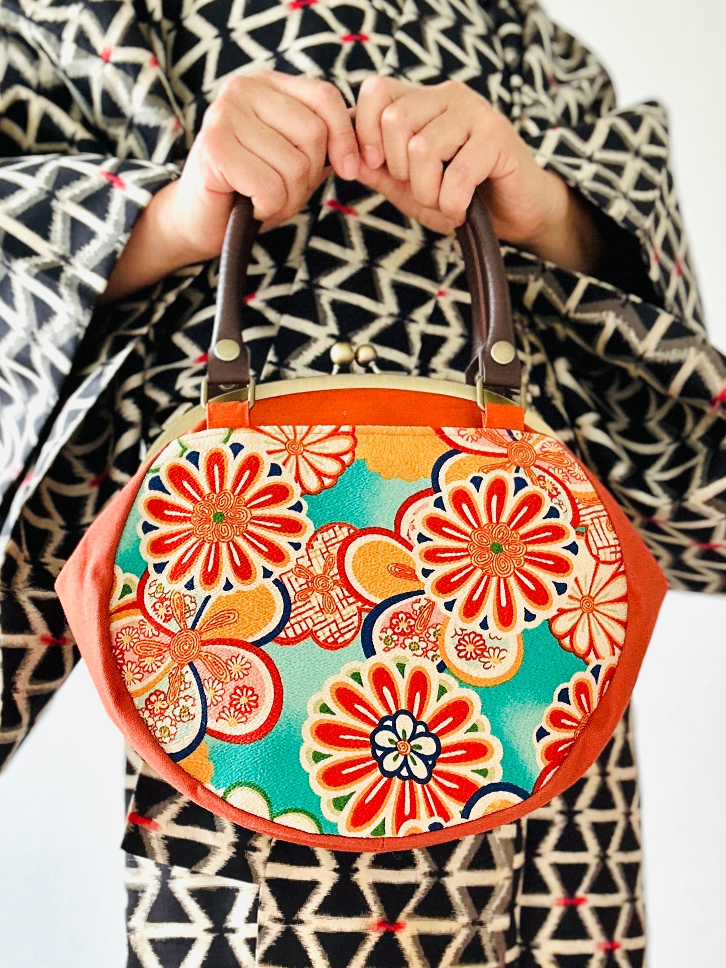 【Orange / Fleurs】 Gamaguchi-en / Handbag, embrayage, pochette, sac japonais, sac d'écoute, cadeaux japonais