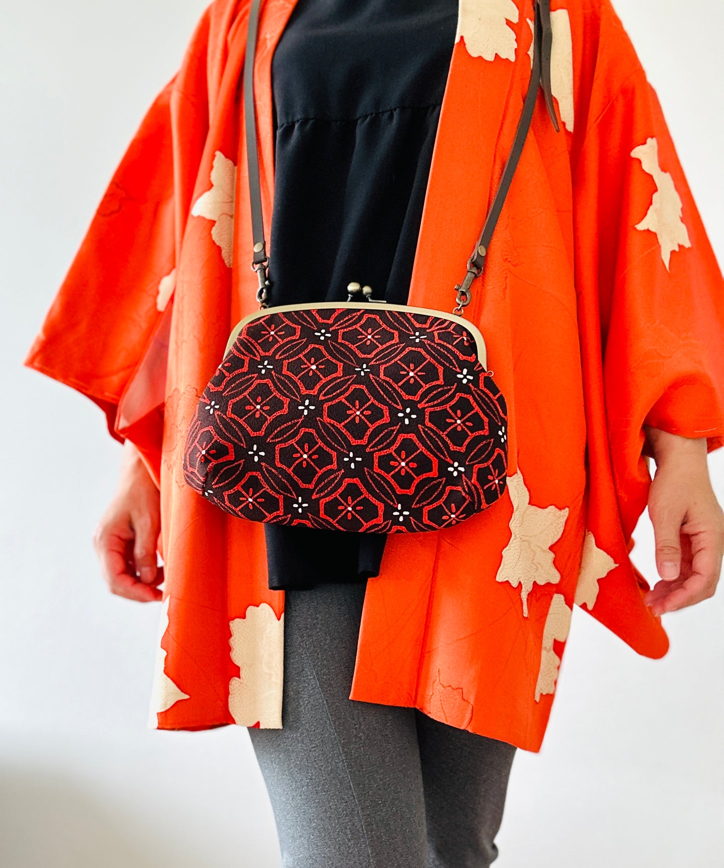 【Gamaguchi-en】 2way-handbag / shippo et hana-bishi, noir, embrayage, pochette, sac japonais, sac à bandoulière, cadeaux japonais