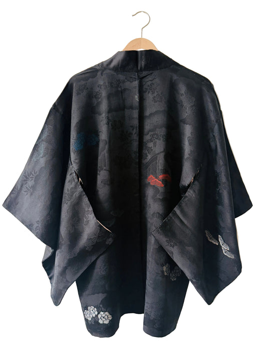 Vintage Black Haori - Pine Trees and Flowers -
