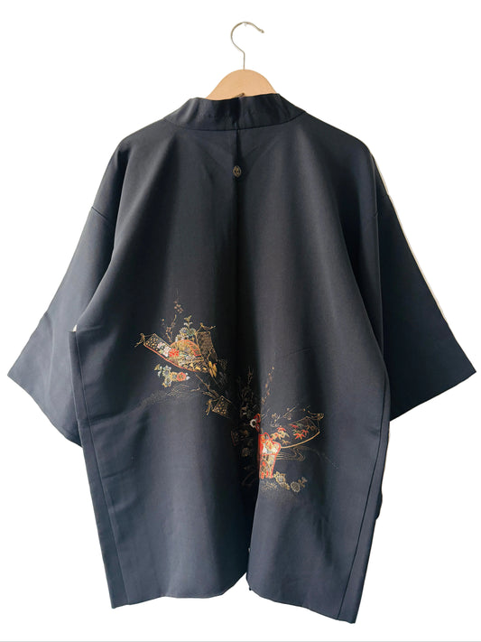 Vintage Black Haori - Chariot à fleurs (Hanaguruma) -