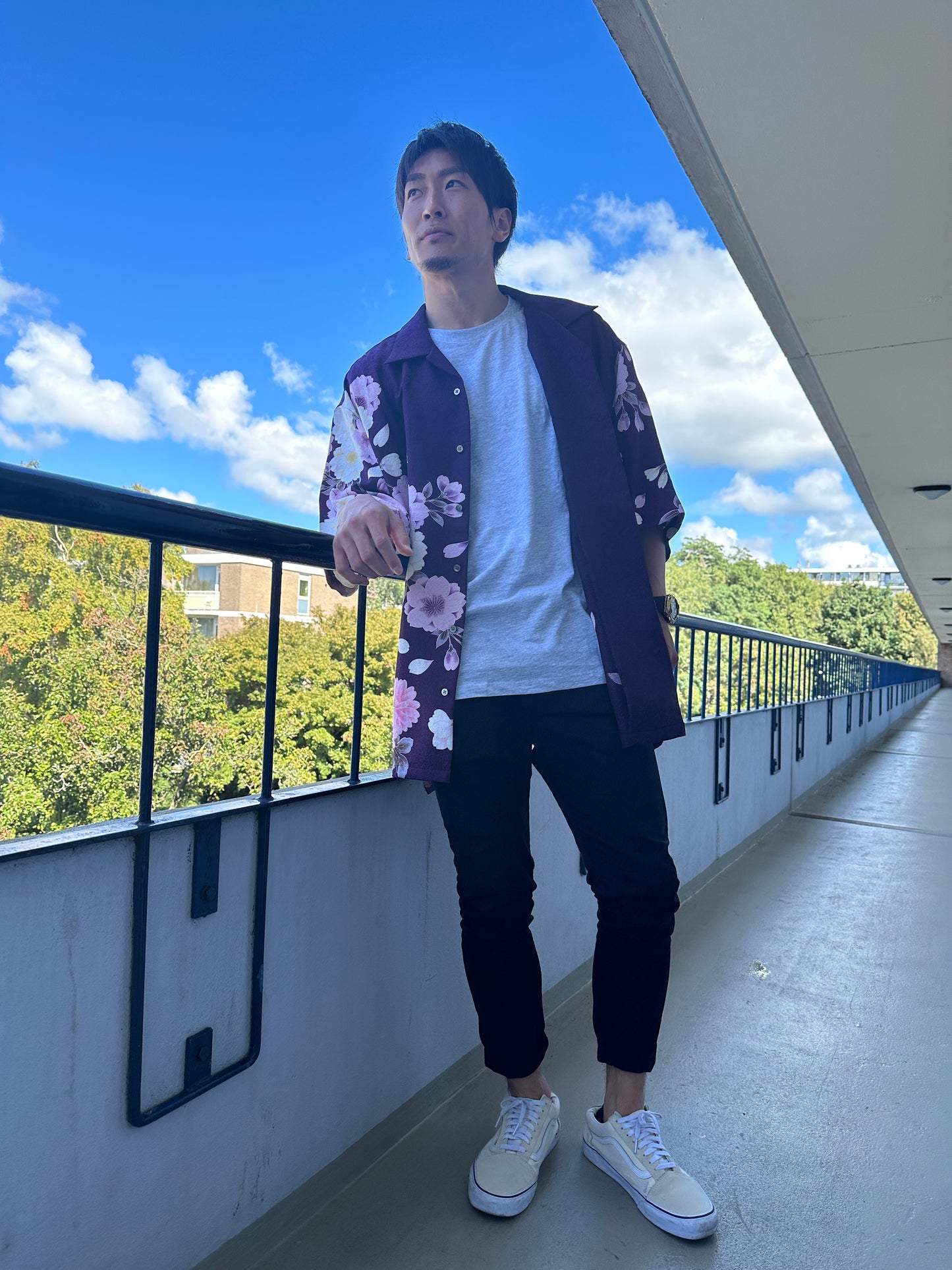 【Purple, CherryBlossom】 Hawaiiaans shirt/maat: 4l ＜ Nieuw ・ zijde ＞ voor mannen, voor vrouwen, Japanse Kimono, Japan unisexese kleding, unisex, Japanse geschenken, origineel item