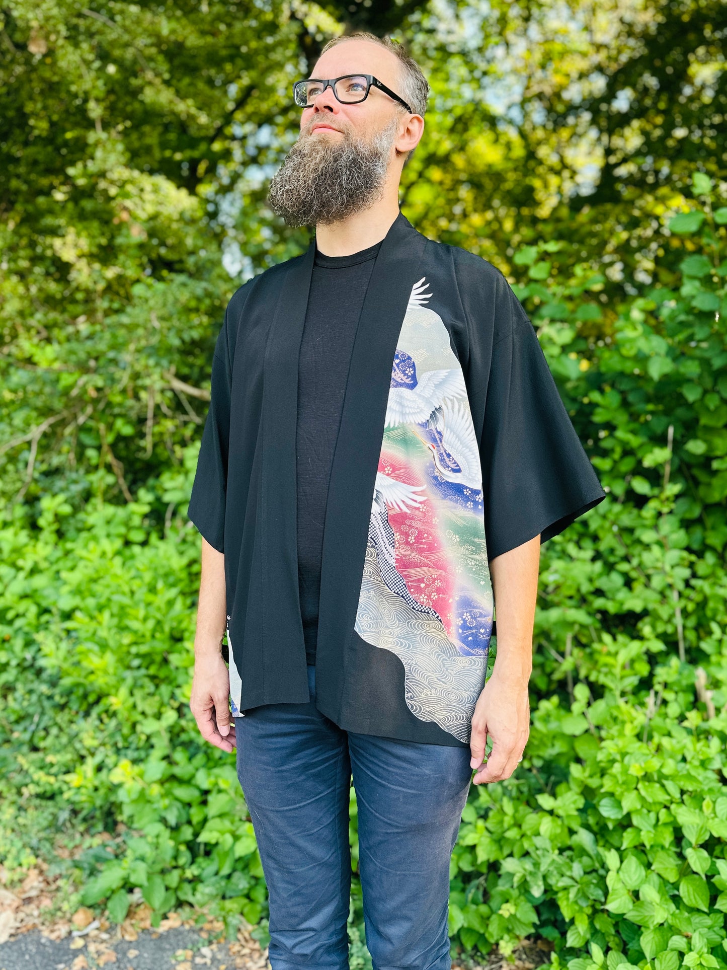 【Zwart, kranen in vlucht】 Happi jas ＜ Uitstekend ・ zijde ＞ voor mannen, voor vrouwen, Japanse kimono, Japan unisexese kleding, unisex, Japanse geschenken, originele ontwerpen