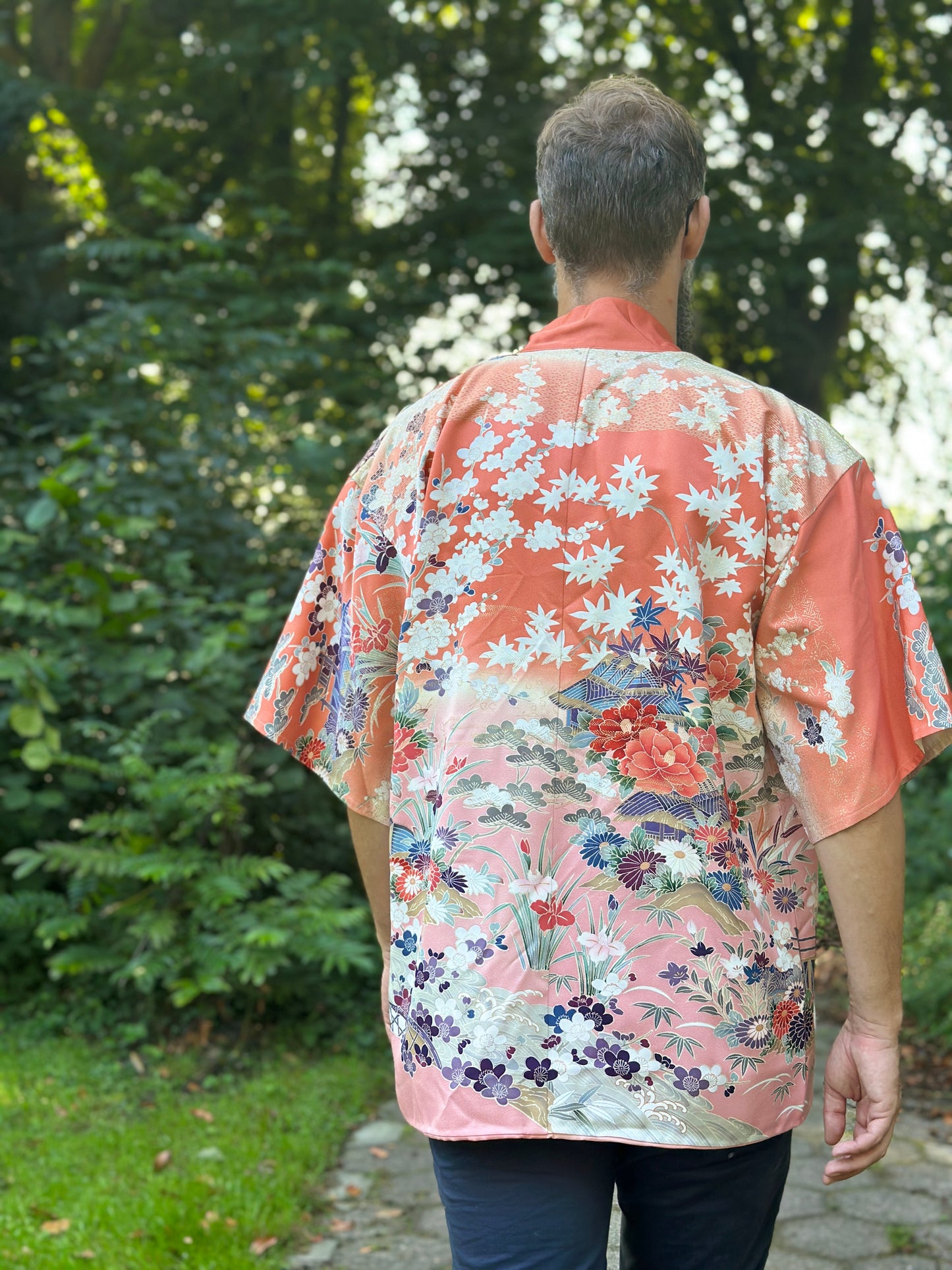 【Pinkorange, die volle Blumenblüte】 Happi Jacke ＜ ausgezeichnet ・ Seide ＞ Für Männer, für Frauen, japanische Kimono, Japan Unisexesische Kleidung, Unisex, japanische Geschenke, originelle Designs