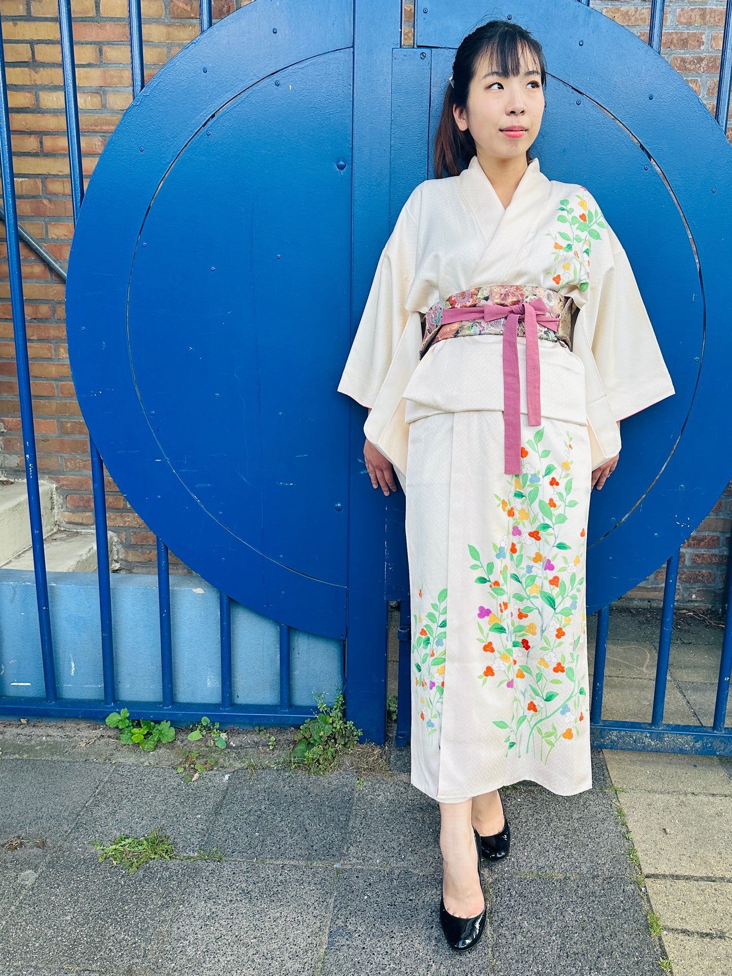 【Cream/flower/ Original Easy kimono】Japanese Vintage Kimono Haori, Japanese Hanten Jacket, Robe Dress, Japanese Floral pattern, Unisex