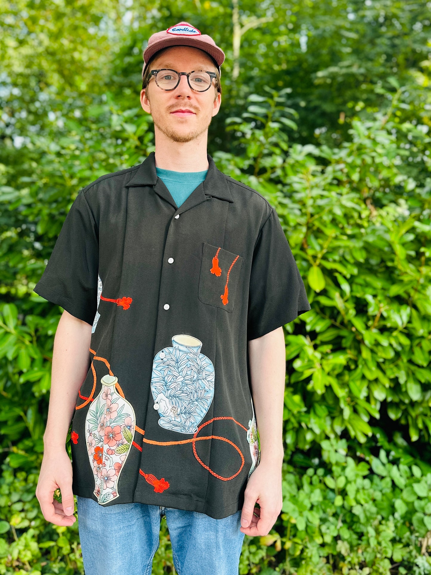 【Black,Vase and string】Hawaiian shirt/Size:2L＜New・Silk＞For Men,For Women,Japanese kimono,Japan unisexese Clothing,unisex,Japanese Gifts,Original Item