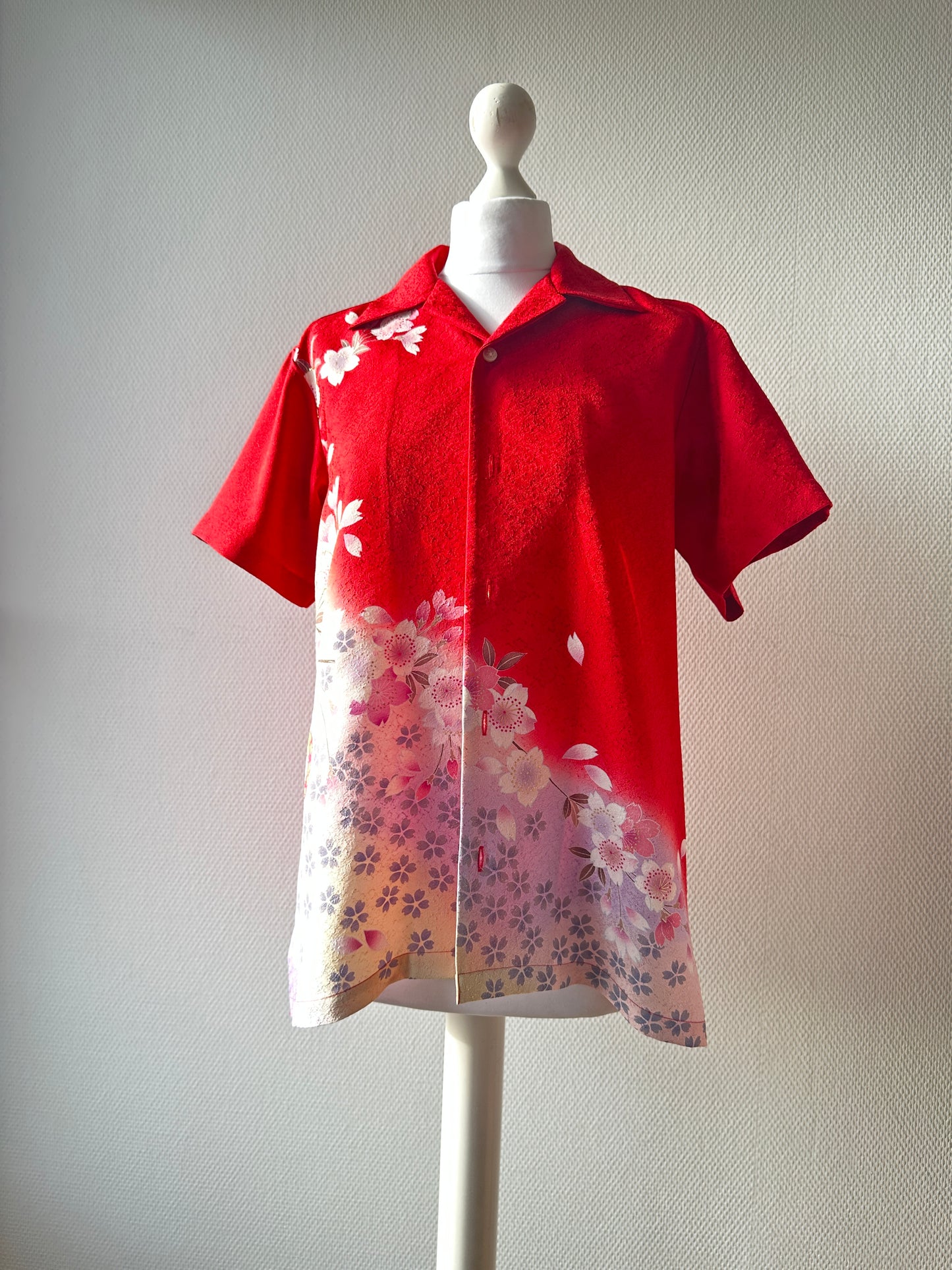 【Deep Red,CherryBlossom】Hawaiian shirt/Size:S＜New・Silk＞For Men,For Women,For kids,Japanese kimono,Japan unisexese Clothing,unisex,Japanese Gifts,Original Item