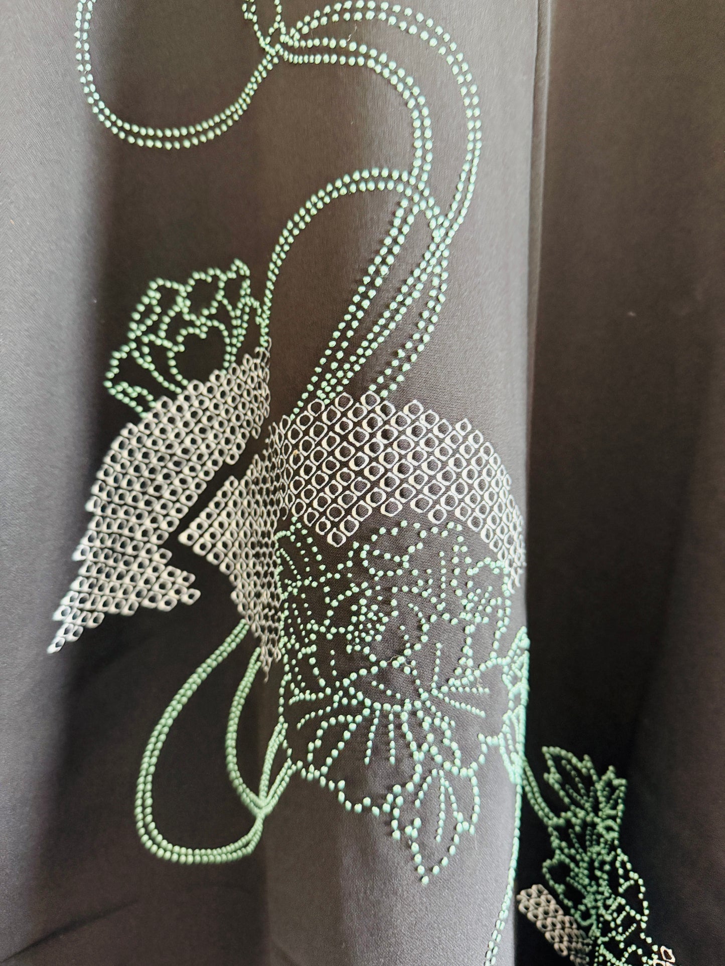 Vintage Black Haori - Delicate Light Green Embroidery  -