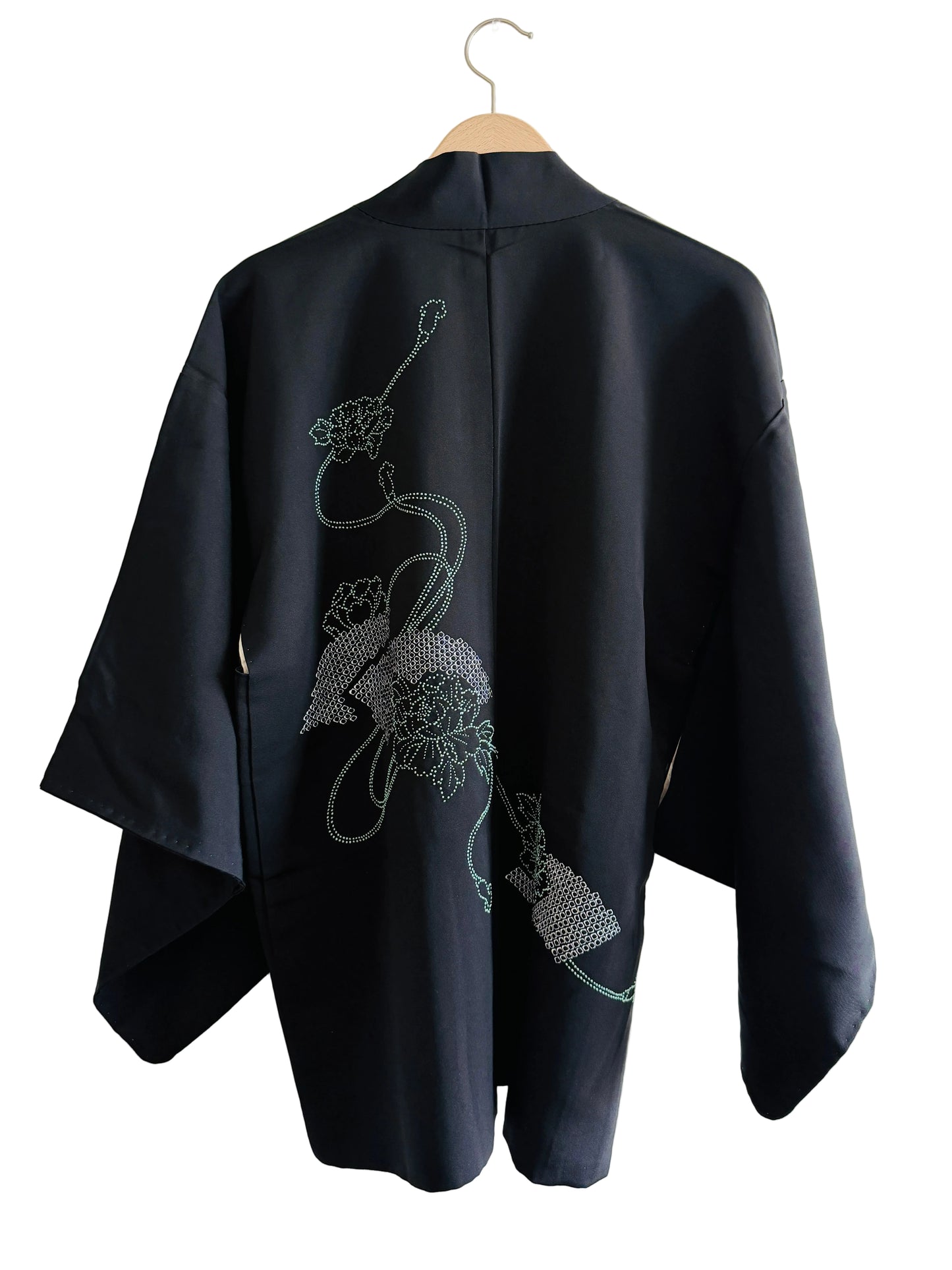 Vintage Black Haori - Delicate Light Green Embroidery  -