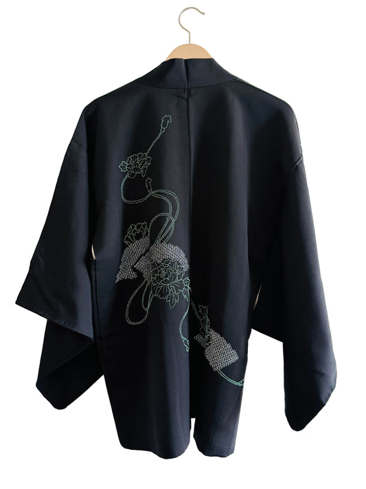 Vintage Black Haori - Delicate Light Green Embroidery  -